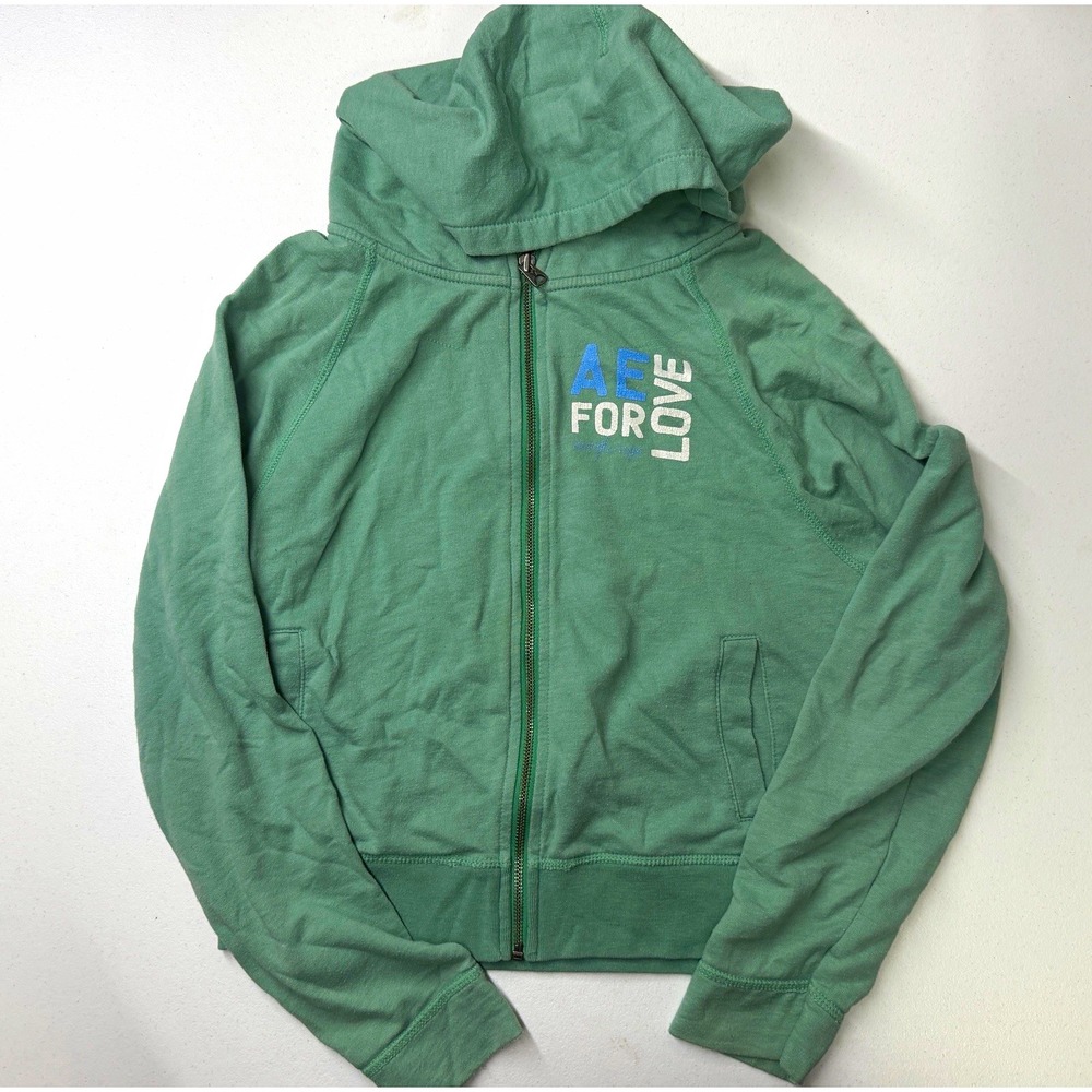 American Eagle Outfitters Women's Green Full Zip Hooded Fleece Hoodie Graphic M